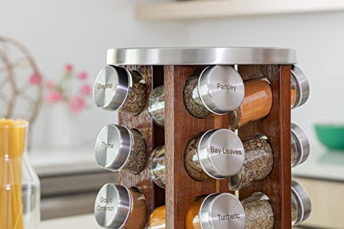 Orii 20 Jar Dark Acacia Wood Spice Rack with Spices Included - Rotating Tower Organizer for Kitchen Spices and Seasonings, Free Spice Refills for 5 Years (Dark Stained Acacia Wood) - Thumbnail 5