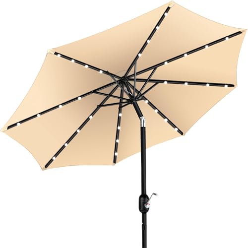 KESSER® Parasol LED Solar Stokparasol met Zwengel Incl. 2in1 Beschermhoes Transporttas, Tuinparasol, Parasol voor Balkon Tuin & Terras Verstelbaar Buigbaar Balkonparasol, Rond | Beige