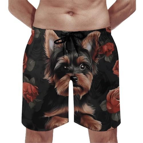 Mens Swim Trunks Yorkie Puppy Swim Shorts Quick Dry Beach Shorts with Mesh Liner and Pocket
