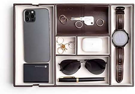 SANQIANWAN Valet Tray for Men with PU Leather, Nightstand Bedside Organizer Tray,&Dresser Top Organizer for Women, EDC Dump Tray for Home, Wonderful Gifts for Business and Festival