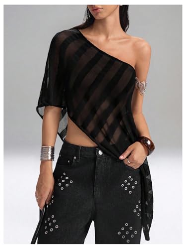 MakeMeChic Women's Sheer Poncho Top Striped Asymmetrical Mesh Tops Shrug Sweater2