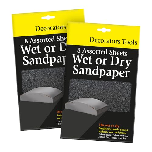 Image of Wet or Dry Sandpaper Sheets – 16 Assorted Grit Sanding Papers (2 x 8 Sheet Packs) Coarse Medium Fine Extra Fine – Multi Surface Sandpaper for Wood, Metal, Plastic & DIY Decorating