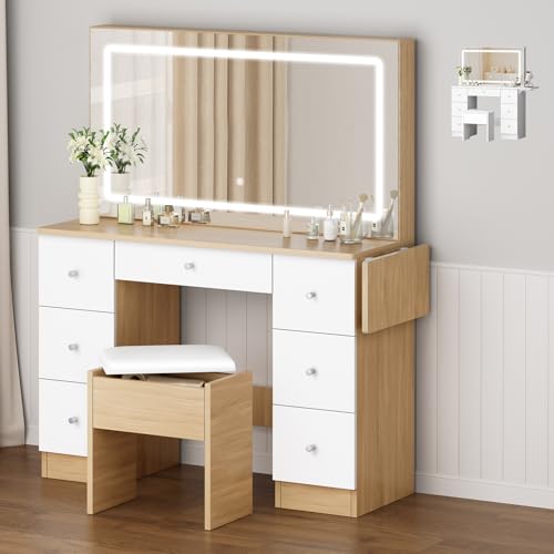 ALFORDSON Tocador con Espejo y enchufes, 7 cajones y Tablero Plegable, Juego de tocador para Dormitorio con Taburete de Almacenamiento, 3 Modos de Color y regulación Continua, Madera