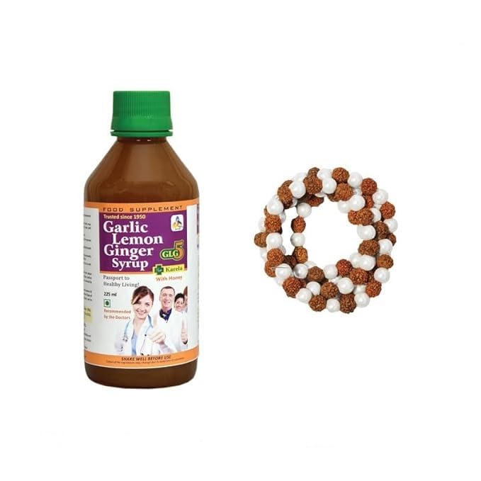 SKSB GLG5+ Karela Diabetes & Sugar Control Syrup Garlic, Lemon, Ginger, Karela, Turmeric & American Apple Cider Vinegar with Honey 225ml each with one No. Rudraksh Magnetic Mala Necklace for BP-image-29