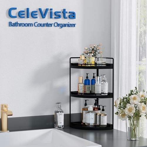 Image of Corner Bathroom Counter Organizer, 3 Tier Bathroom Sink Shelf Countertop, Wood Vanity Skincare Storage for Toiletries Decor, Makeup, Dresser(Black)