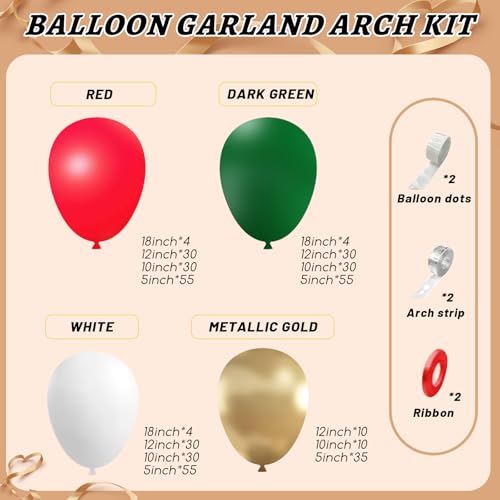 Image of 412pcs Red Green White Balloon Garland Arch Kit, 18 12 10 5 inch Different Sizes Red White Dark Green Balloon for Birthday Christmas New Year Party Decor