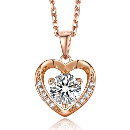 MomentWish Heart Necklace for Women Moissanite, Simulated Diamond, 925 Sterling Silver 1ct | 6.5mm 03 Rose Heart