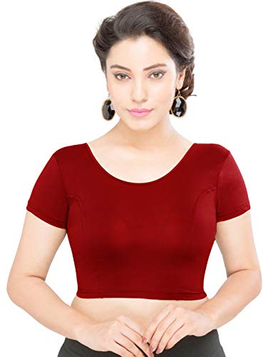 TMS Women's Blouses Readymade Gold Stretchable Saree Crop Top Choli Free Size (One Size (Can fit bust size 28"-38"), Red)