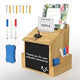 Skdtazrz Wooden Suggestion Box with 50pcs Suggestion, Tip Money Donation Box with Acrylic Sign Holder, Tabletop & Wall Mounted Prayer Box, Office Comment Ballot Box Card Eraser and Pens
