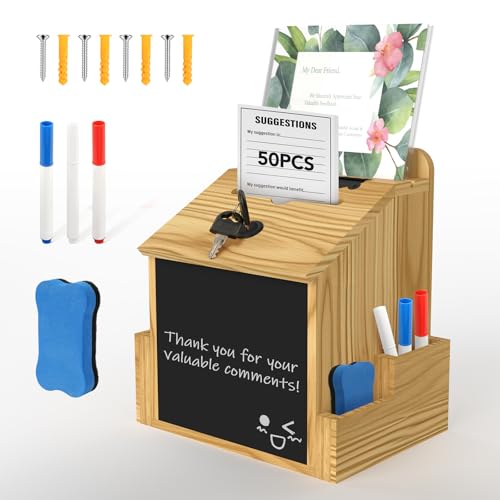 Skdtazrz Wooden Suggestion Box with 50pcs Suggestion, Tip Money Donation Box with Acrylic Sign Holder, Tabletop & Wall Mounted Prayer Box, Office Comment Ballot Box Card Eraser and Pens