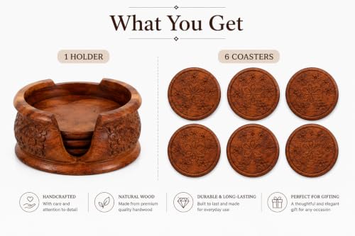 Image of Beautifully Handcrafted Wooden Coaster Set with Decorative Holder | Drink Coasters for Tea, Coffee Mugs & Bar Glasses | Authentic Indian Handicraft