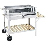 Die beiden Räder machen den Holzkohlegrillwagen mobil, und dank des Windschutzes kannst du an jeder gewünschten Stelle im Garten bequem grillen