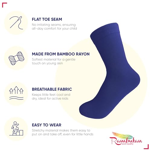 Rambutan Kids (3 Pack) Comfort Seam Plain Color Rayon derived from Bamboo School Socks (Large, Navy)