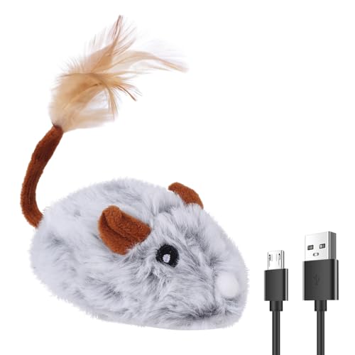 MiOYOOW - Juguete interactivo de ratón para gato, ratón para gatos recargable por USB con cola de pluma, para simulación de caza de ejercicio de aburrimiento, juego automático de gatito de gato de