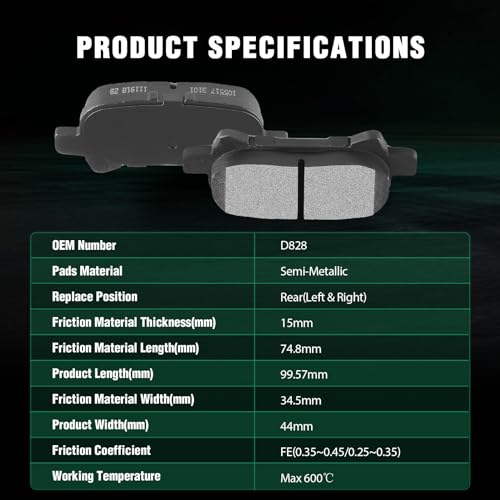 Image of AUTOMUTO 4PCS Rear Brake Pads Semi-Metallic Disc Brake Pads Set D828 For Toyota Avalon 2000-2007, For Toyota For Camry 2000-2006, For Toyota Solara 1999-2008