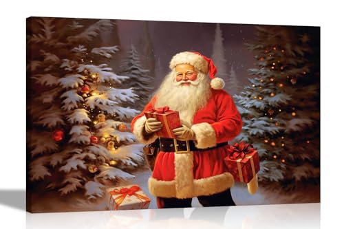 Image of Artley Prints - Santa Holding Presents Canvas Wall Art Prints Home Decor Christmas Framed Pictures Colourful Painting Reprint 40 x 30cm (16 x 12 inches) A3
