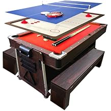 Pool Table 7 Foot Multigame Red with Air Hockey, Table Tennis with Storage Benches Crown