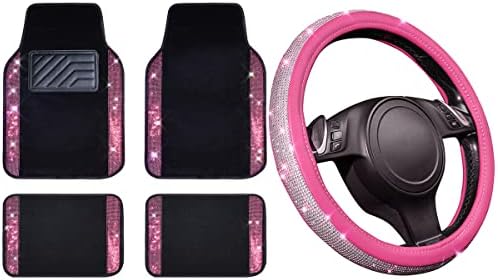CAR PASS Diamond Car Floor Mats & Pink Leather Steering Wheel Cover, with Bling Crystal Rhinestones Universal Fit 14" 1/2-15" Crystal Glitter, Anti-Slip PVC Heel Pad for Women Sparkle Girl, Pink Diam