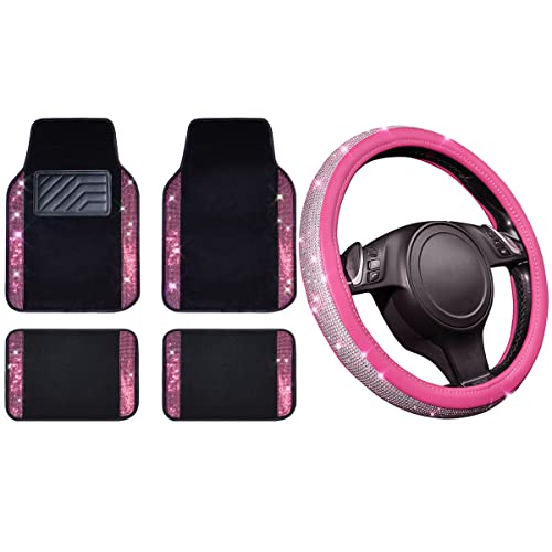 Car Pass Diamond Car Floor Mats & Pink Leather Steering Wheel Cover, With Bling Crystal Rhinestones Universal Fit 14" 1/2-15" Crystal Glitter, Anti-Slip Pvc Heel Pad For Women Sparkle Girl, Pink Diam #TOP10