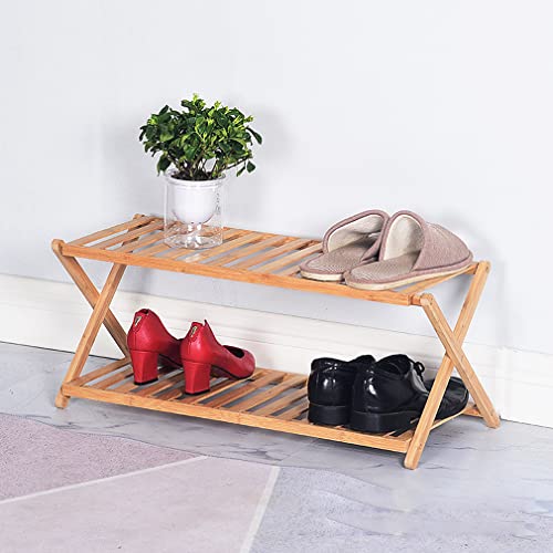 XIANGLV Bamboo Shoe Rack Small, 2 Tier Foldable Shoe Rack Wooden, Without Installation Mini Shoe Rack Perfect for Corridors, Bedrooms and Small Spaces, Bearing 80 bl (Wood, 2 Tier)