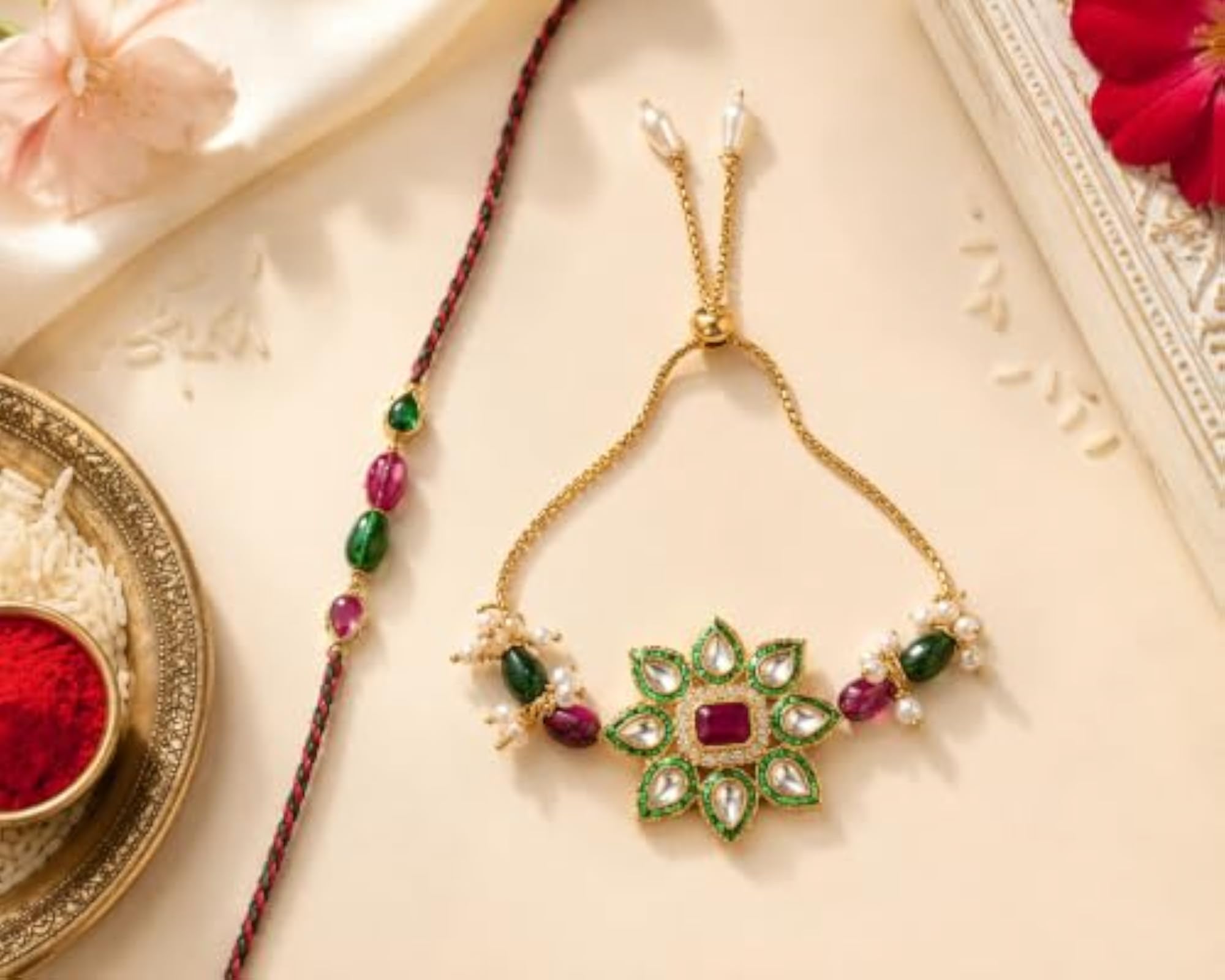 Designer Kundan Floral Rakhi with Adjustable Bracelet & Traditional Thread Rakhi Combo