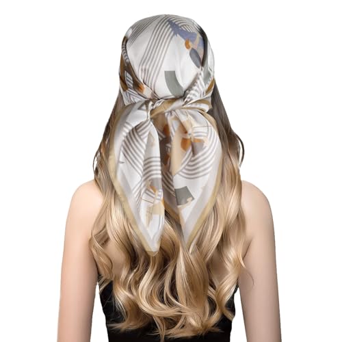 EXTREE Silk Feeling Scarf Medium Square Satin Head Scarf Sleeping Hair Wrapping for Women 27.5 × 27.5 inches Knight Coffee Side