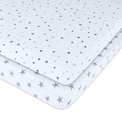 Ely's & Co. Patent Pending Waterproof Pack N Play│Mini Crib Sheet 2-Pack Set For Baby Boy Or Baby Girl - 100% Combed Jersey Knit Cotton Sheets With Eco-Friendly Waterproof Lining — Grey Stars #TOP1