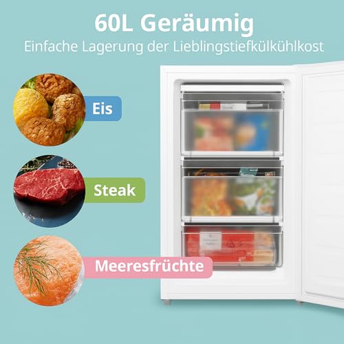 COMFEE’ RCU60WH2(E) 60L Gefrierschrank senkrecht mit Schubladen, 3x Gefrierschublade, Eintür, einstellbare Temperatur, umkehrbare Tür, leise, Freistehend, Weiß