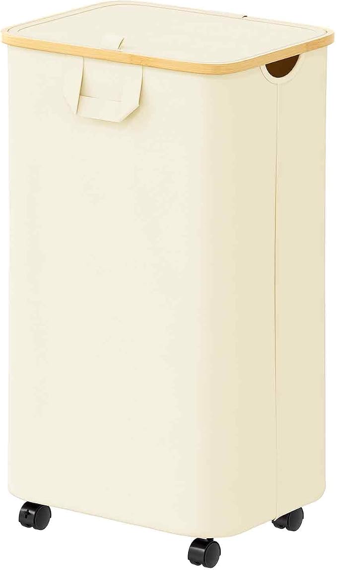 SpaceAid Laundry Hamper with Lid, 110L Large Tall Clothes Basket Bin with Bamboo Handles, Collapsible Laundry Hamper for Bedroom, Bathroom, Dorm, Laundry Room - Beige