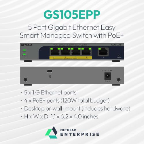 Image of NETGEAR 5-Port Gigabit Ethernet PoE+ Easy Smart Managed Switch - with 4 x PoE+ @ 120W, Fanless, Desktop or Wall Mount (GS105EPP)