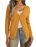 VERABENDI Womens Cardigans Lightweight Long Sleeve V Neck Button Down Cute Scalloped Edges Mustard Cardigan Sweaters for Women, Medium