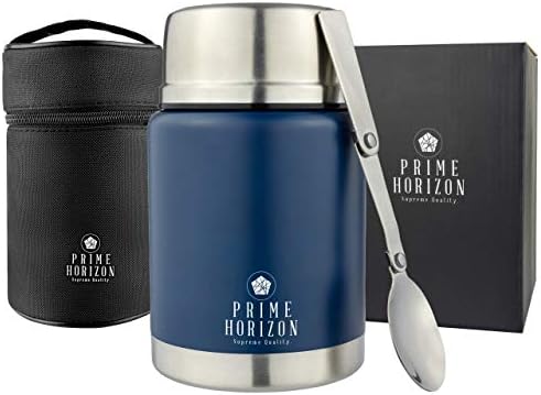 Prime Horizon Food Flask - 500ml Stainless Steel Vacuum Double Wall Jar with Folding Spoon, Leakproof and BPA Free. Free Insulated Travel Bag with Carabiner and Gift Box (Blue)