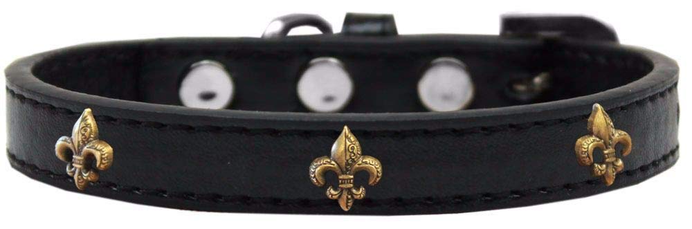 Collier chien noir Fleur de lys, cuir luxe pour petit chien de 18-26 cm