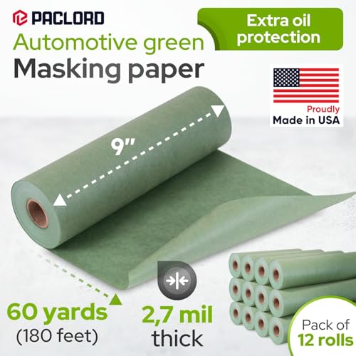 Image of 9 inch x 60 Yards (180 feet) Green Masking Paper with Extra Oil Protection for Automotive Painting Industries (Pack of 12) - Made in USA Masking Paper for Painting Cars, Protection from Splatter