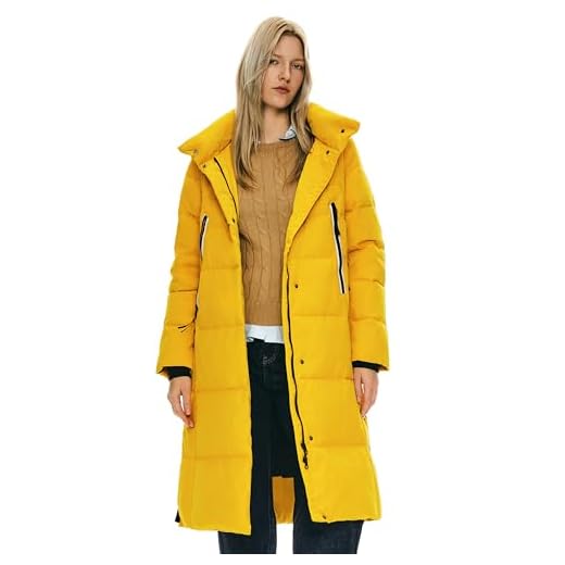 Orolay Chaqueta de Plumón Espesa para Mujer Abrigo Largo de Invierno Chaqueta con Capucha Amarillo L