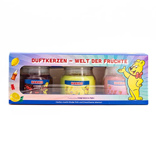 Haribo Duftkerzen im Glas | Haribo Geschenk | Kleine Duftkerzen (3x85g) | Duftkerzen im Glas Set | Duftkerze Lemon, Erdbeere & Cherry Cola | Kerzenset Geschenk