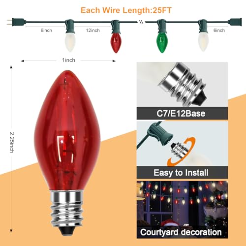 Image of C7 LED Red White and Green Christmas Lights, 25Ft Outdoor Chritsmas String Lights Shatterproof with 27 LED Clear Multicolor Bulbs, Connectable Vintage Christmas Lights for Patio Garden Backyard Decor