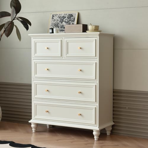 Ecoxsnz Cajonera con 5 cajones, mueble de cocina y aparador con marco de acero estable, 80 x 35 x 100 cm, diseño retro para dormitorio, salón (blanco, 80 x 35 x 100 cm)