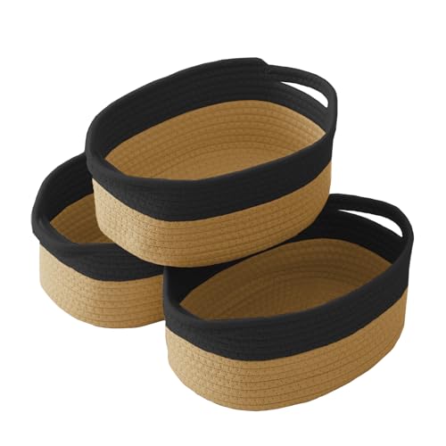 Image of JMvicyroam Small Woven Basket, Empty Gift Basket, Black&Jute /3 Pack | Small Gift Basket, Cotton Rope, 12 x 8 x 83 in, Handles, Includes Ribbon and Bag, Birthday Gift Basket