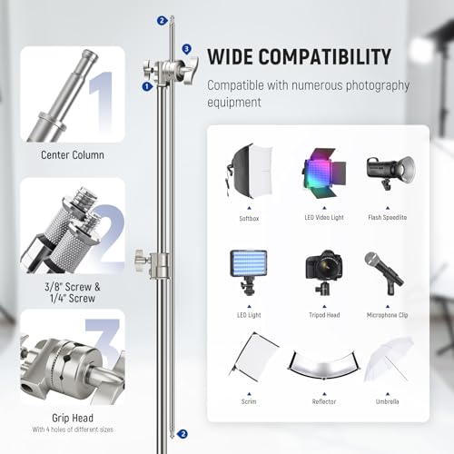 Image of NEEWER Basics 100% Stainless Steel Heavy Duty C Stand with Boom Arm, Max 10.5ft /320cm Photography Light Stand, 4.2ft /128cm Holding, 2 Grip Heads for Studio Monolight Softbox Reflector, SC320 Lite