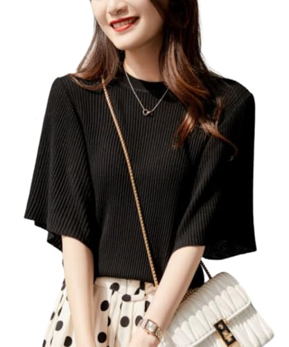 [Dep Club] オフィスカジュアル レディース 半袖 カットソー ブラウス トップス オフィス 五分袖 服 ゆったり 大きいサイズ カジュアル 涼しい きれいめ 事務服 半袖ブラウス 春 夏 秋 (JP, アルファベット, XL, ブラック)のサムネイル