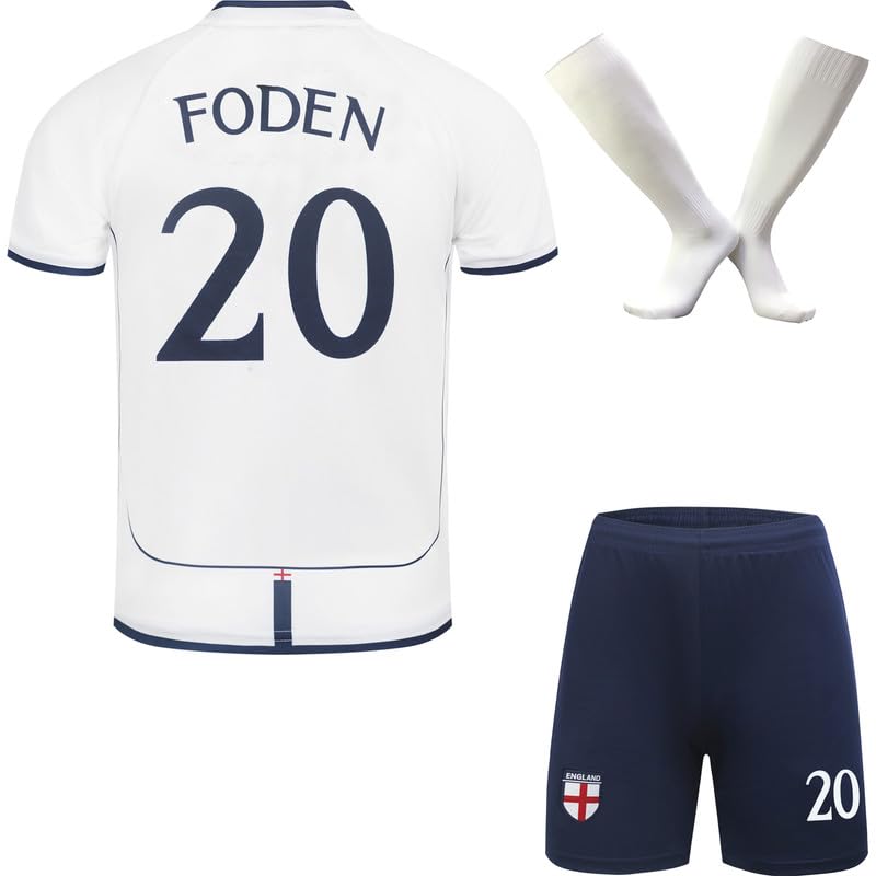 Angleterre Limitée Édition Foden #20 Maillot de Football pour Enfant avec Haut Shorts, Chaussettes, Nostalgie Tailles Jeune
