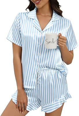 SHEFOTY Silk Pajamas for Women – Button-Down 2‑Piece Satin Shorts Set with Ruffle Notch Collar, Cozy...