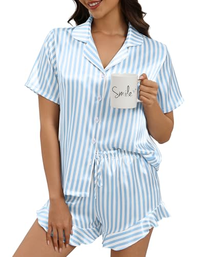 SHEFOTY Silk Pajamas for Women Button Down 2 Piece Satin Pjs Shorts Set Ruffle Notch Collar Sleepwear Loungewear