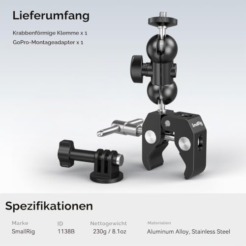 SMALLRIG Upgrade Camera Mount Clamp, mini Magic Arm mit Super Clamp, Super Klammer with Non-Slip Threads, Tragfähigkeit 1,5kg für Gopro… – Ansicht 7