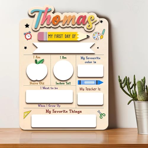 Custom First Day of Kindergarten Sign - Personalized First and Last Day of School Board, Reusable Wooden Photo Prop with Name, Back to Schools Board with Interchangeable Pieces, TT01