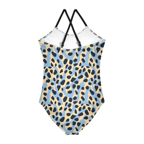senya Girls Swimsuits One-Piece Swimwear Tie Bathing Suit Beach Summer Round Neck 9-10T Leopard Print Blue Yellow Background Pattern2