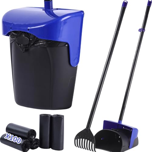 Image of ienjoyed 43 inch Tall Pooper Scooper Large Swivel Bin & Rake with 100 Waste Bags,Heavy Duty Dog Pooper Scooper for Dogs, Long Handle Poop Scooper with Lid for Yard, Grass, Gravel (Blue)