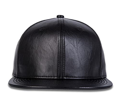 Quanhaigou Classic Snapback Hat Hip Hop Flat Bill Visor Cap - Unisex Adult Adjustable Baseball Hats (Pu Leather Black) #TOP1