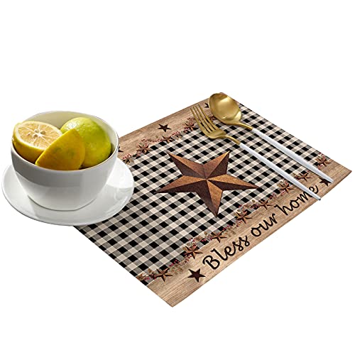 Placemats For Dining Table Set Of 6 Western Texas Star And Primitive Berries Country Wooden Plank Table Mats For Home Kitchen Restaurant Independence Day Party Decoration,Washable #TOP1